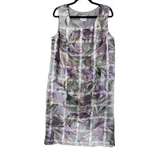 R&M Richards Sleeveless Floral Dress Textured Crinkle Lined Green Purple READ
